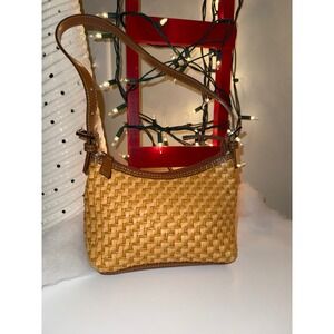 Nine & Company Woven Straw Leather Trim Shoulder Bag Purse Tan Brown